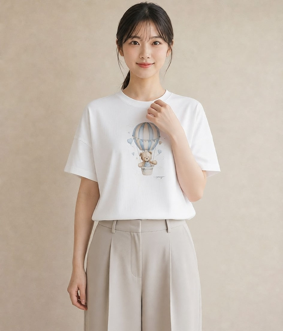 プリントTシャツ レディース 気球 星空 宇宙 イラスト 韓国風 おしゃれギフト 社会人 白T YMAZO