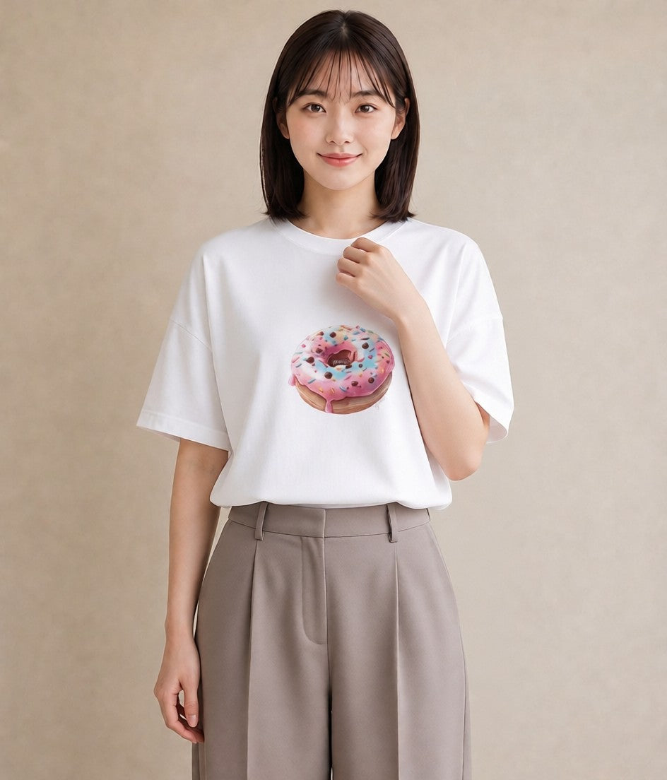 グラフィックTシャツ レディース ベーグル 食べ物 フード イラスト お洒落 カジュアルコーデ 買い物 白T YMAZO