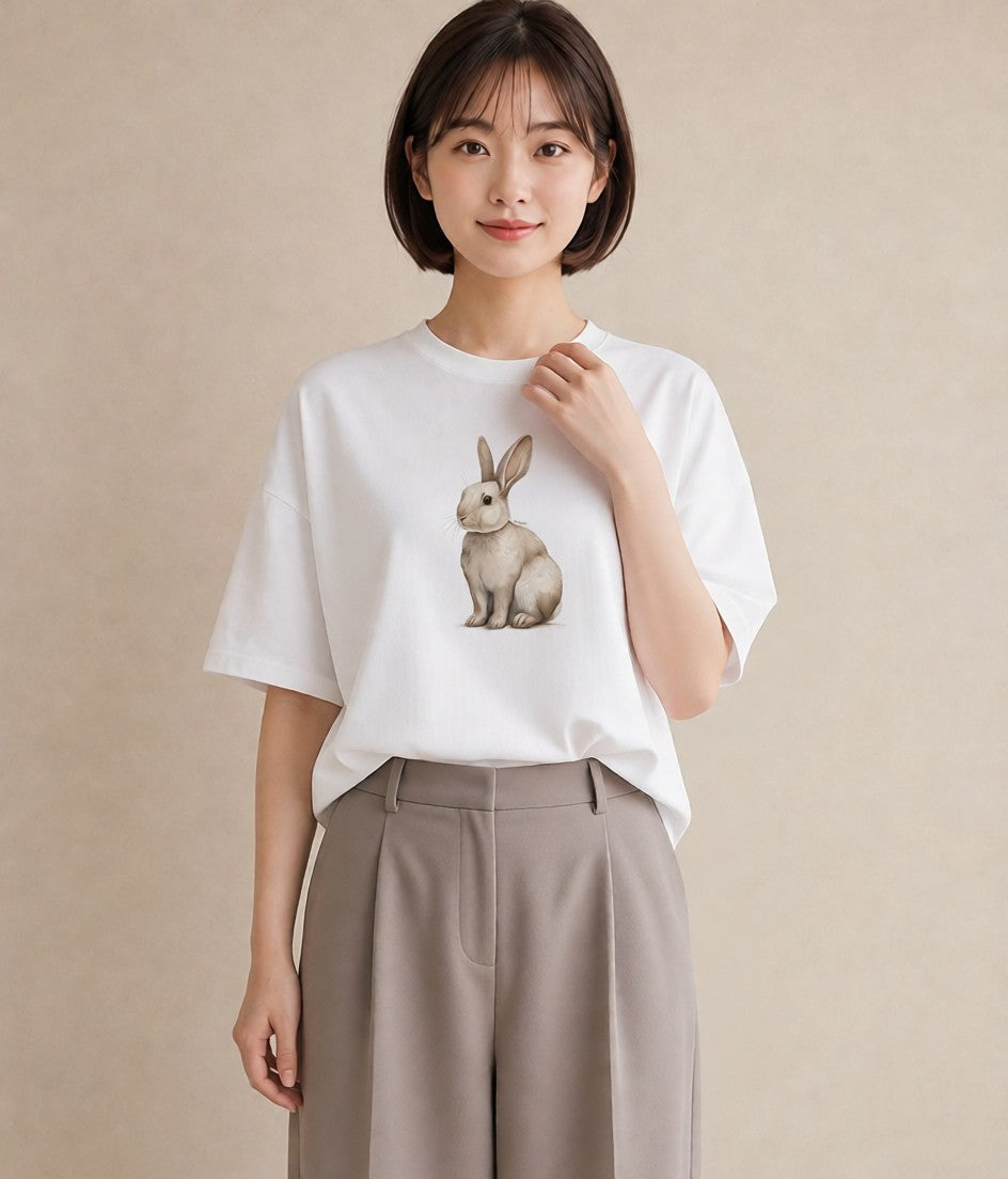 半袖Tシャツ レディース ロップイヤー ペット 動物 イラスト ポップ 海 カフェ巡り 白T YMAZO