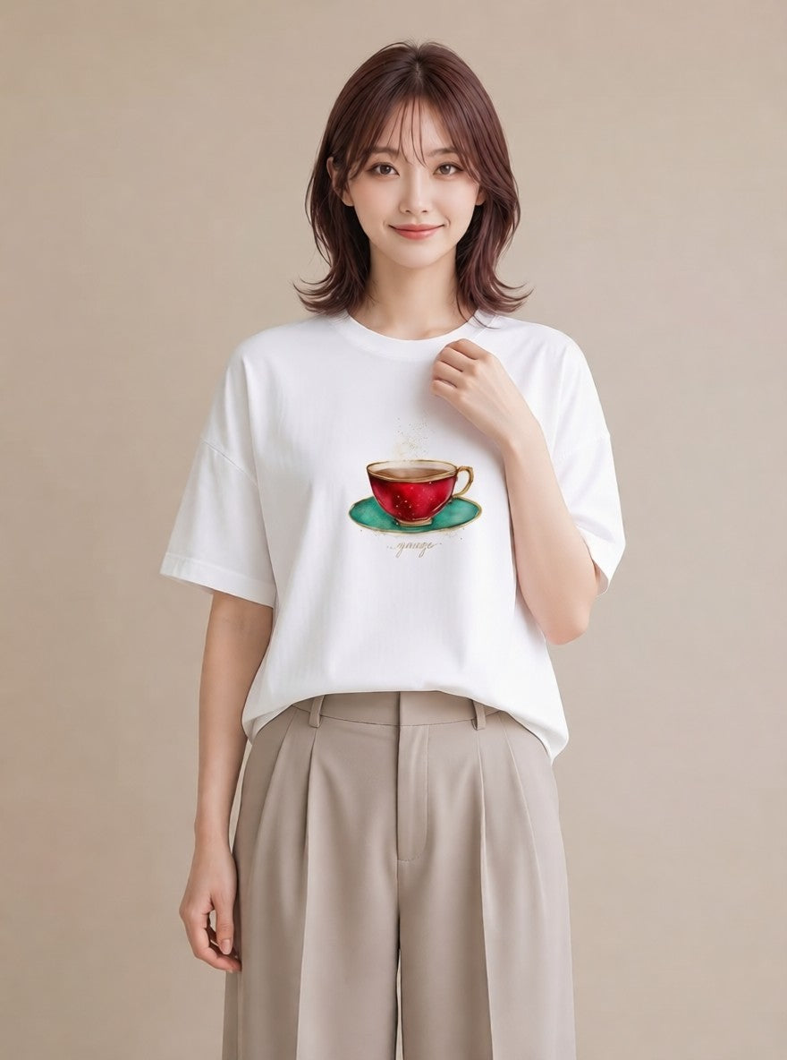 プリントTシャツ レディース 紅茶 食べ物 フード イラスト 手描き風 ルームウェア ギフト 白T YMAZO