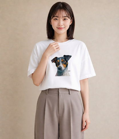 Tシャツ レディース ジャックラッセルテリア 犬 いぬ イラスト ニュアンス 綿100 デート 白T YMAZO