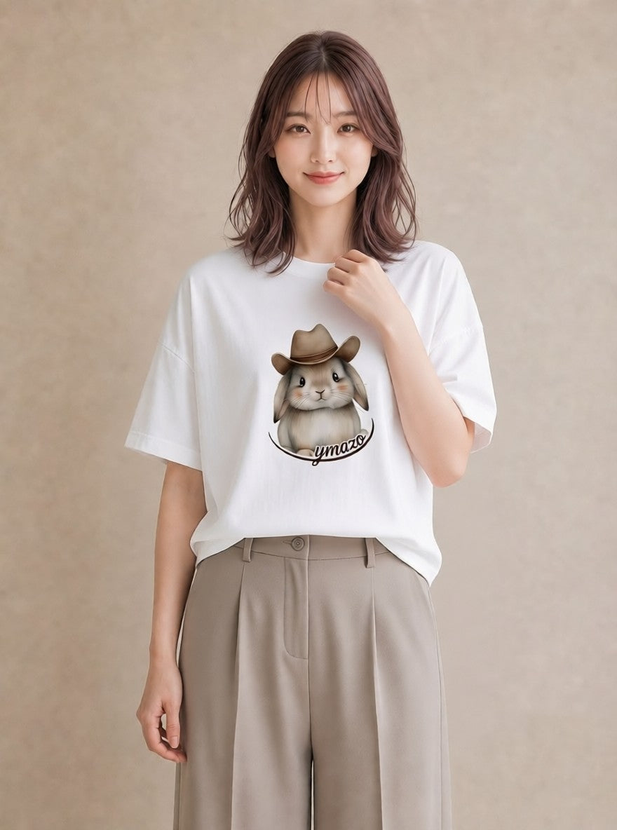 デザインTシャツ レディース うさぎ ウサギ ラビット ペット 動物 イラスト ナチュラル 夏コーデ 通学 白T YMAZO