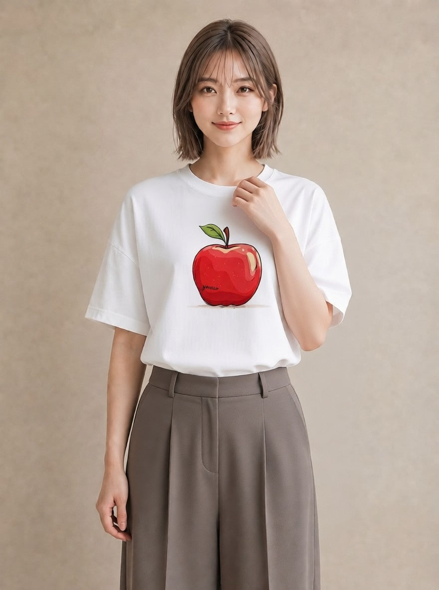 半袖Tシャツ レディース りんご 林檎 アップル 食べ物 フード イラスト きれいめ 夏コーデ 通学 白T YMAZO