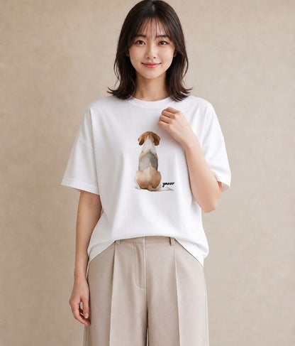 Tシャツ レディース ビーグル 犬 いぬ イラスト 手描き風 ミセス 春コーデ 白T YMAZO