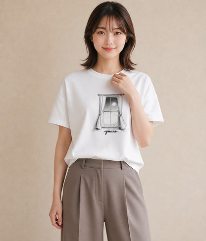 プリントTシャツ レディース 窓辺の雨 雨の日 窓 ナチュラル アンティーク イラスト ゆるコーデ 母娘コーデ 自分用 白T YMAZO