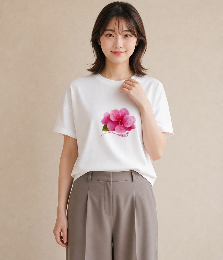 半袖Tシャツ レディース 椿 花 花柄 イラスト 個性的 ギフト 母の日 白T YMAZO