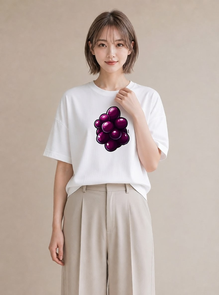 グラフィックTシャツ レディース ぶどう 葡萄 食べ物 フード イラスト 水彩風 友達ギフト 部屋着 白T YMAZO