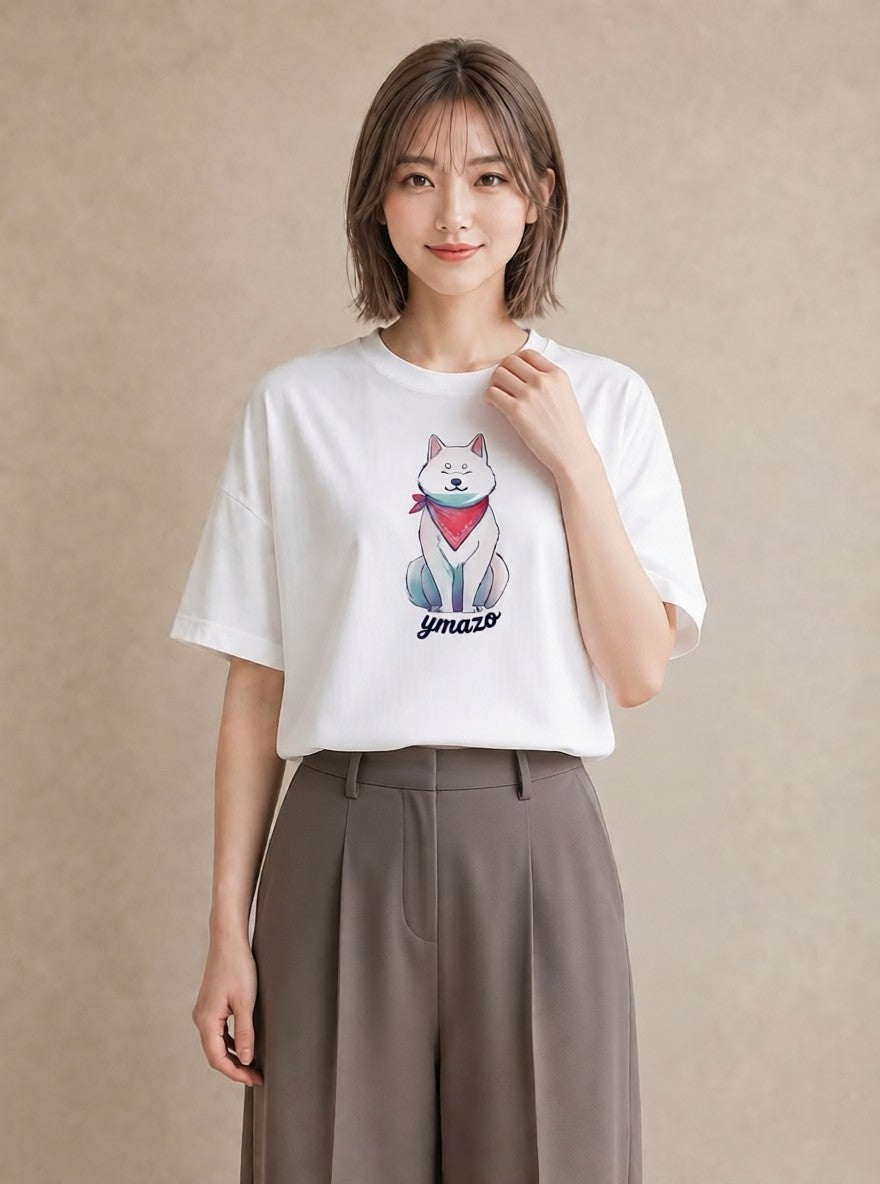 Tシャツ レディース わんこ 犬 いぬ イラスト ゆるコーデ 社会人 女性 白T YMAZO