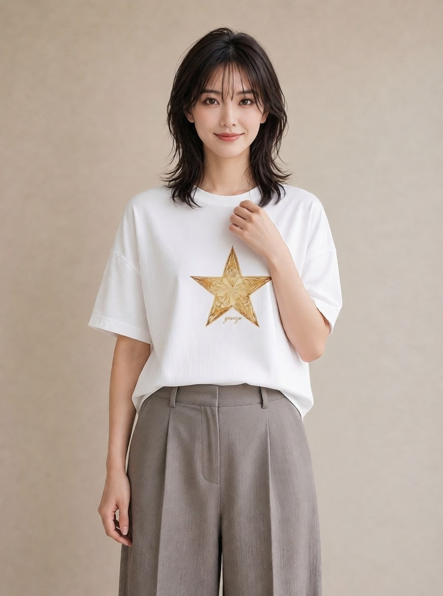 グラフィックTシャツ レディース スター 星空 宇宙 イラスト ラフカジュアル ミセス 春コーデ 白T YMAZO