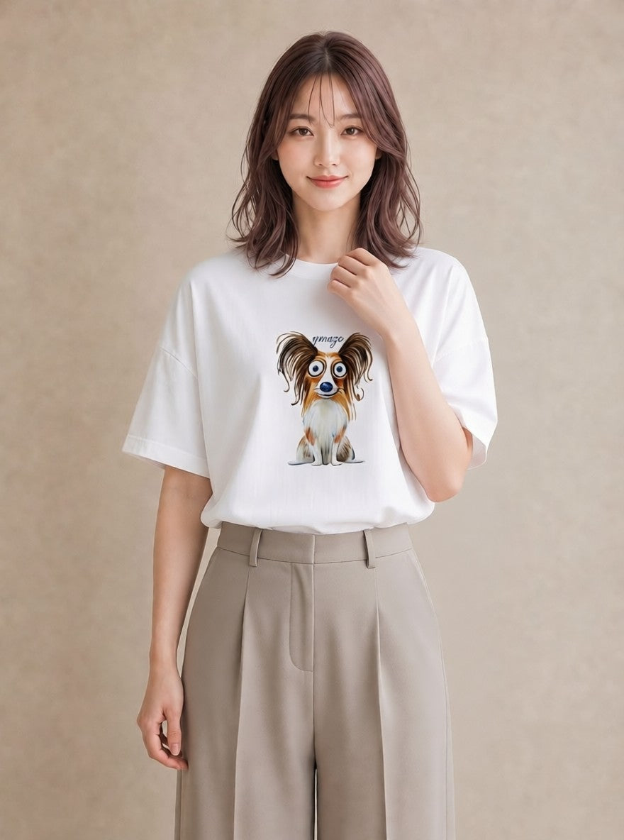半袖Tシャツ レディース パピヨン 犬 いぬ イラスト 休日コーデ 春コーデ 姉妹 白T YMAZO