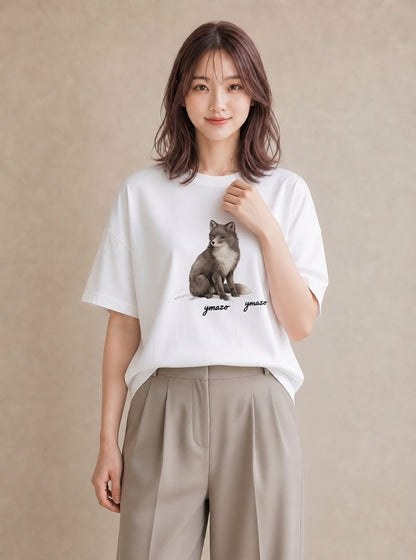 プリントTシャツ レディース きつね 動物 アニマル イラスト ナチュラル 送別ギフト 通勤 白T YMAZO