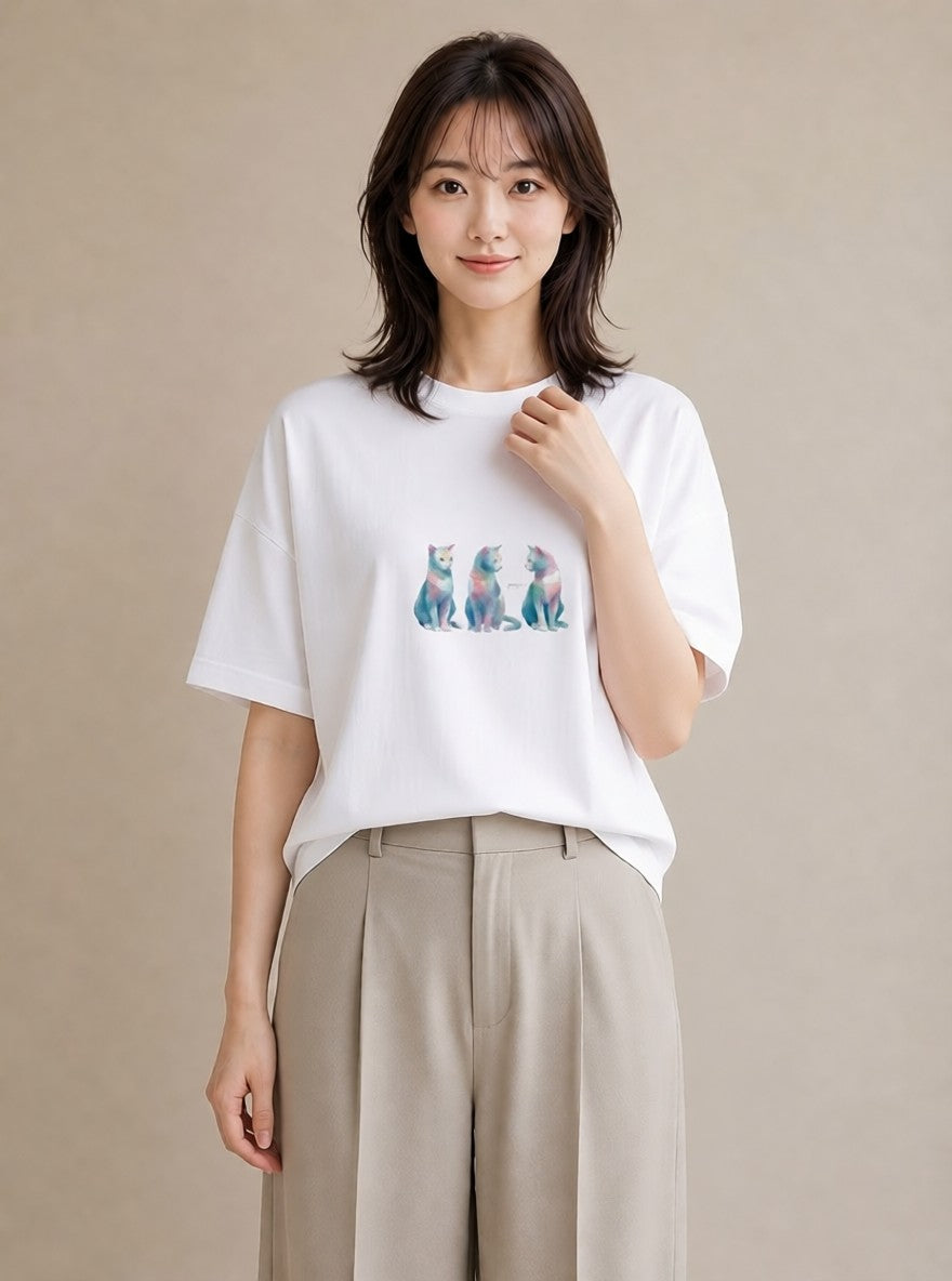 Tシャツ レディース シャム柄 猫 ねこ イラスト ゆるコーデ 旅行用 海 白T YMAZO