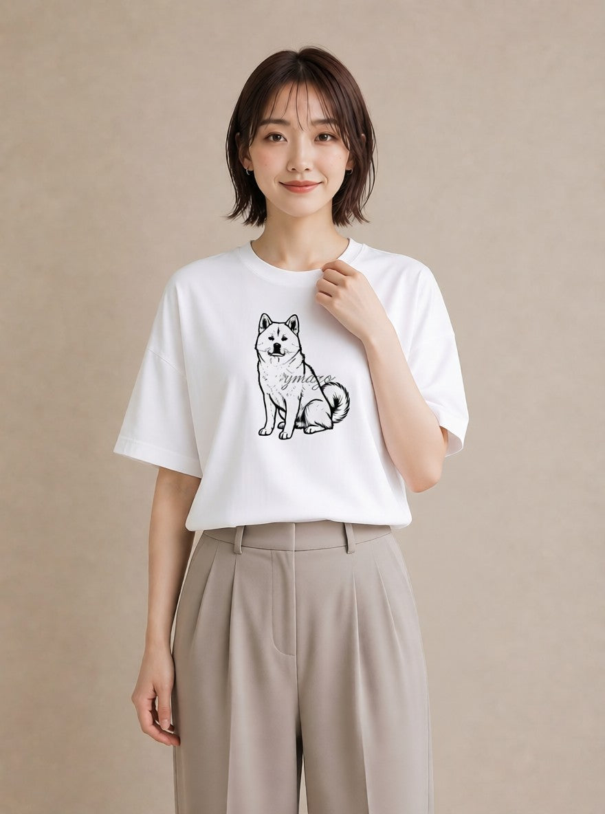 グラフィックTシャツ レディース 秋田犬 犬 いぬ イラスト デイリーウェア 休日 白T YMAZO