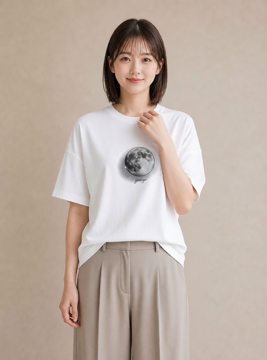 プリントTシャツ レディース 満月 星空 宇宙 イラスト アート風 旅行 母娘コーデ 白T YMAZO