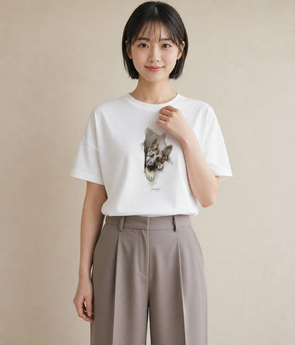 デザインTシャツ レディース ジャーマンシェパード 犬 いぬ イラスト ラフ 休日 ペアコーデ 白T YMAZO