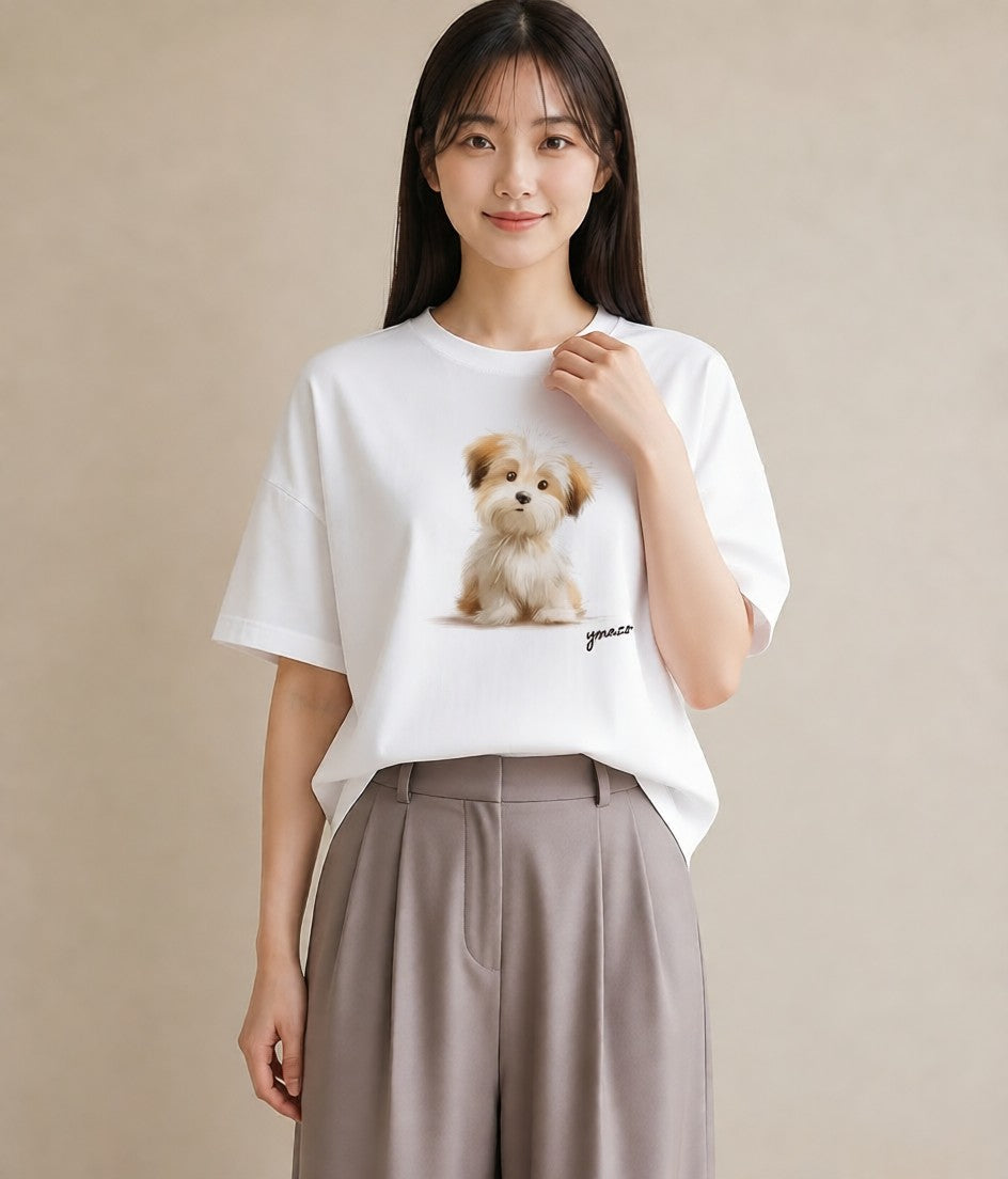 プリントTシャツ レディース 子犬 犬 いぬ イラスト ニュアンス 春服 ミセス 白T YMAZO