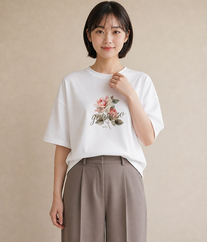 Tシャツ レディース 椿 花 花柄 イラスト ガーリー デイリーウェア 休日 白T YMAZO