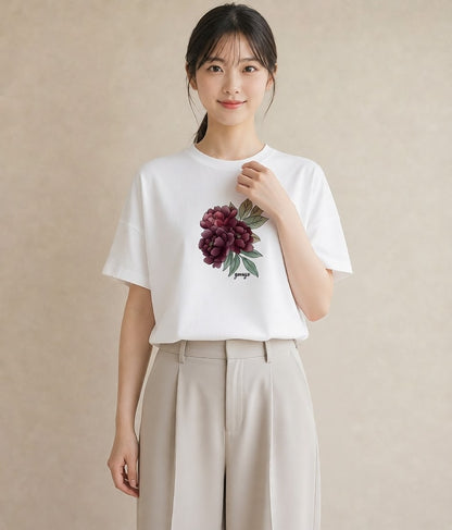 半袖Tシャツ レディース 牡丹 花 花柄 イラスト モード ラフ レイヤード 白T YMAZO