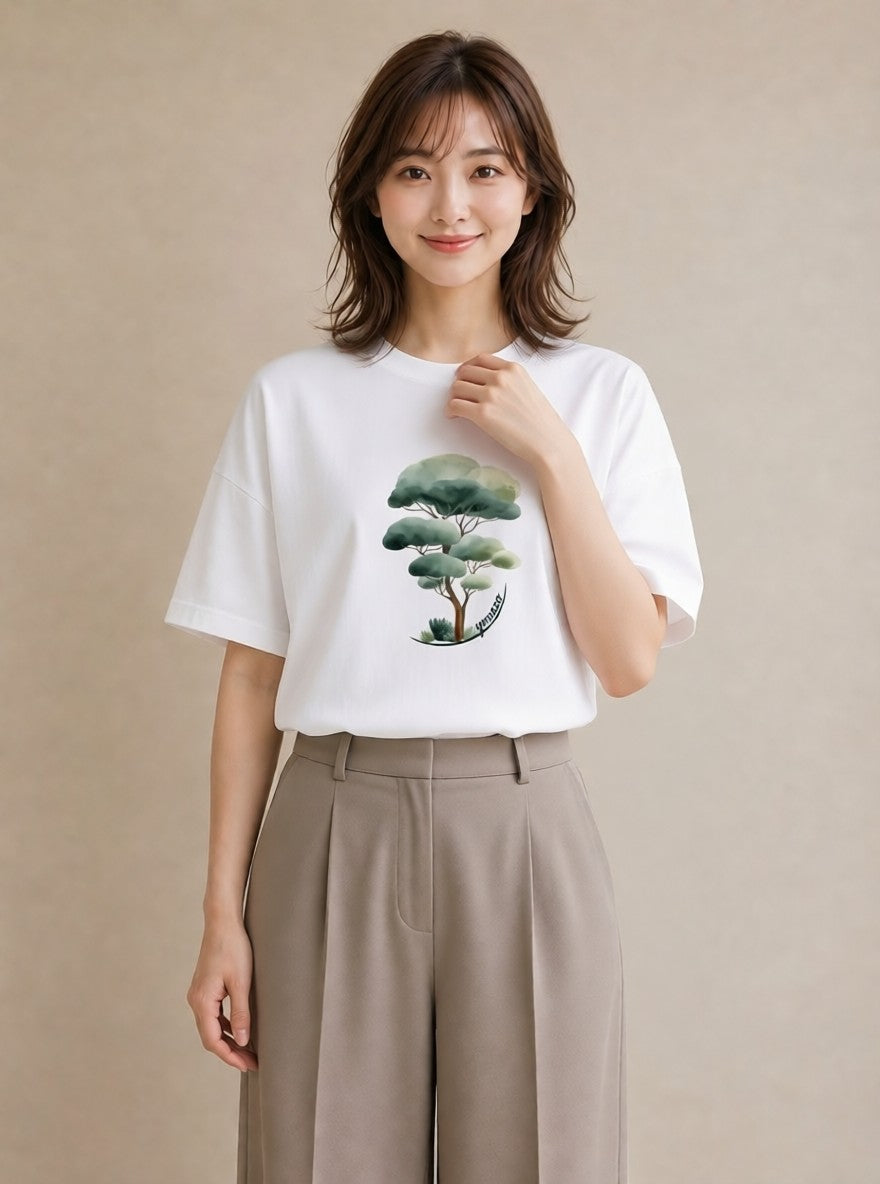 半袖Tシャツ レディース 森 植物 ボタニカル イラスト ニュアンス 春服 ミセス 白T YMAZO