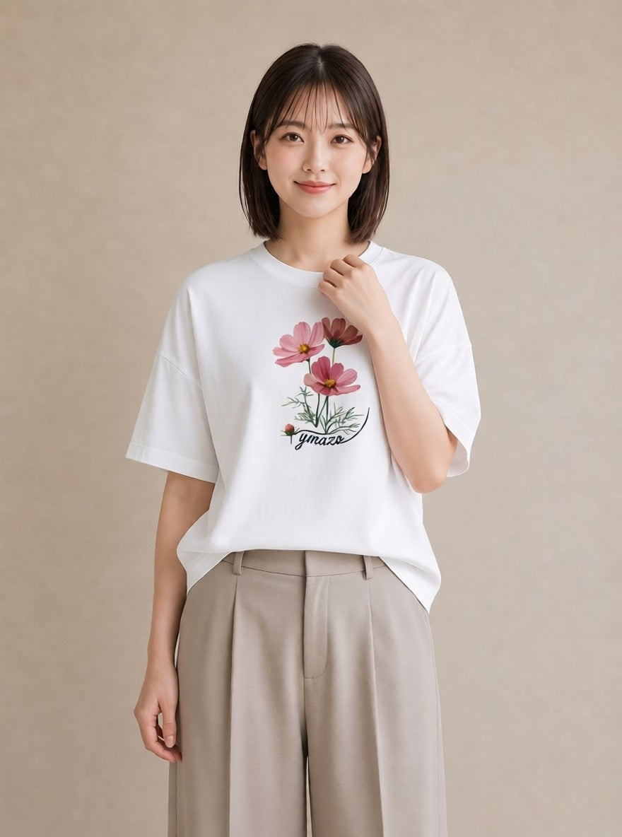 Tシャツ レディース コスモス 秋桜 花 花柄 イラスト 旅行コーデ 秋コーデ おしゃれギフト 白T YMAZO