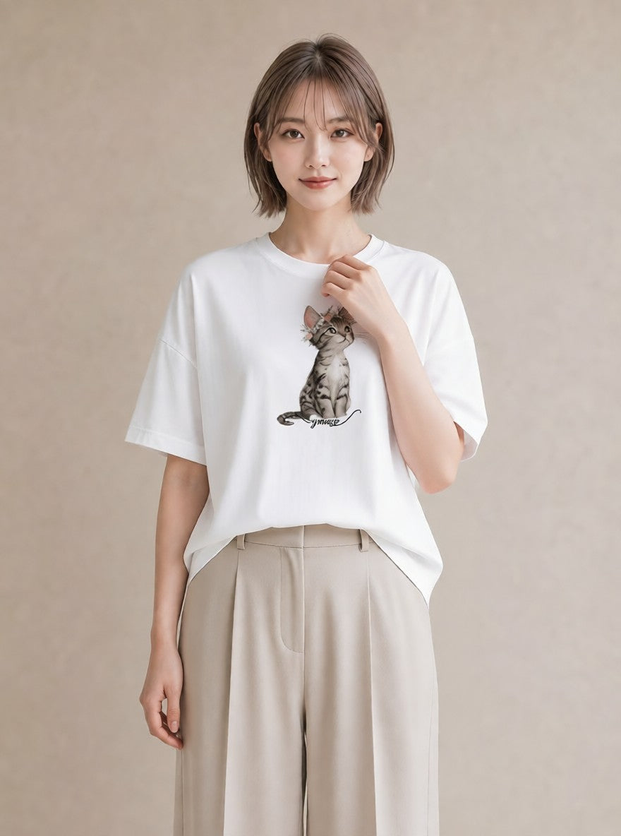 デザインTシャツ レディース キジトラ 猫 ねこ イラスト シック 買い物 夏コーデ 白T YMAZO