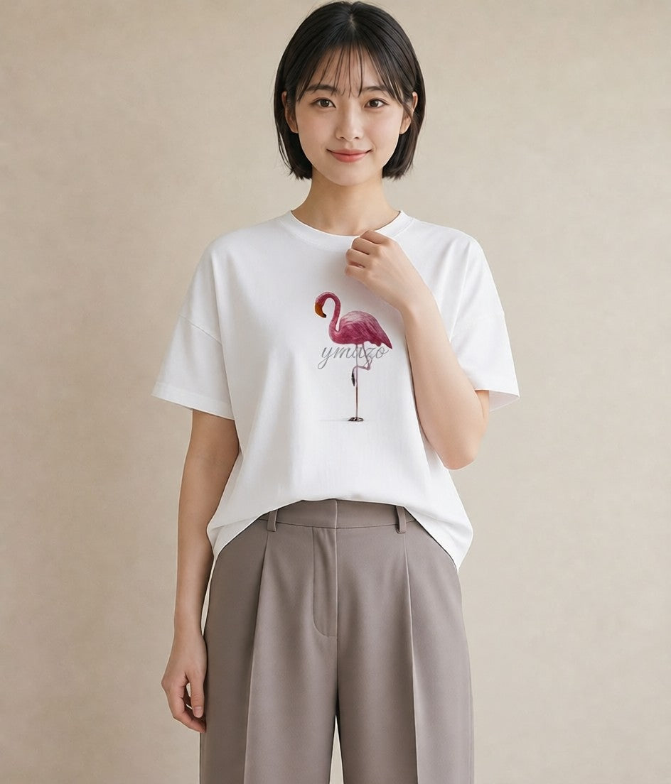 Tシャツ レディース フラミンゴ 動物 アニマル イラスト お揃い 親子 白T YMAZO