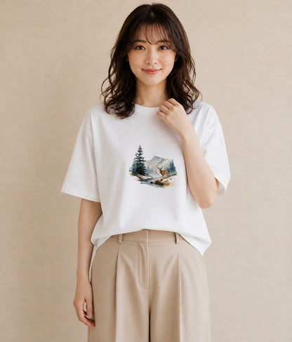 半袖Tシャツ レディース 山 星空 宇宙 イラスト 北欧風 春コーデ 姉妹 白T YMAZO