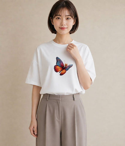 半袖Tシャツ レディース ちょうちょ 蝶 バタフライ 昆虫 虫 イラスト 春服 ミセス 白T YMAZO