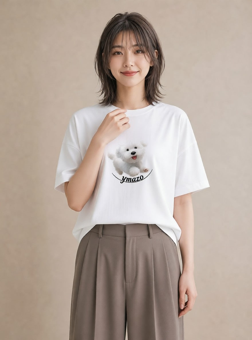 プリントTシャツ レディース ビションフリーゼ 犬 いぬ イラスト 旅行コーデ レイヤード 友達ギフト 白T YMAZO