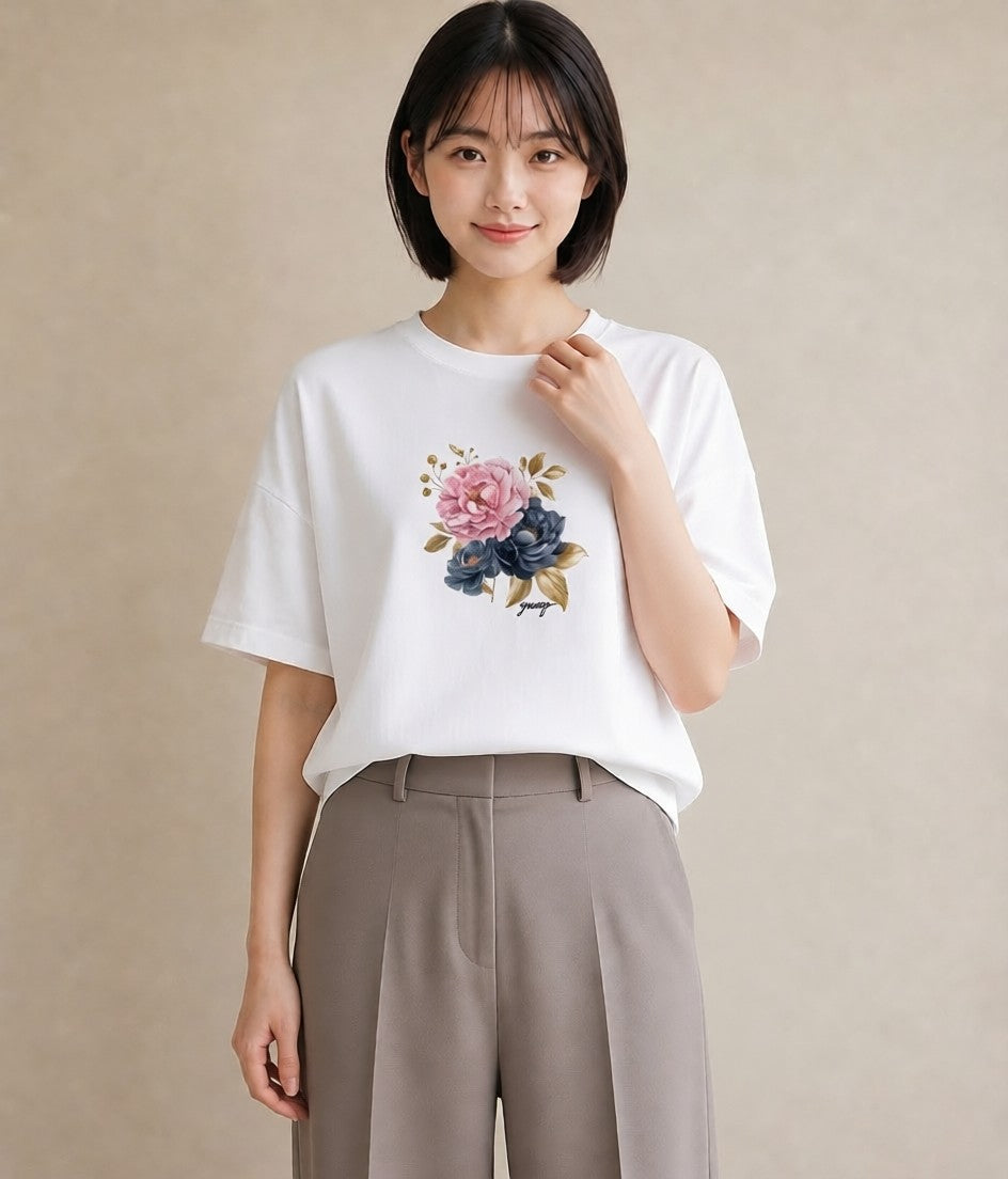 Tシャツ レディース 牡丹 花 花柄 イラスト お洒落 週末コーデ 敬老の日 白T YMAZO