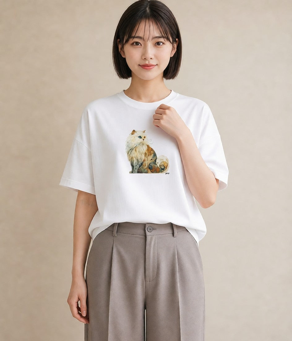 半袖Tシャツ レディース 猫 ねこ イラスト シンプル 公園 ママ 白T YMAZO