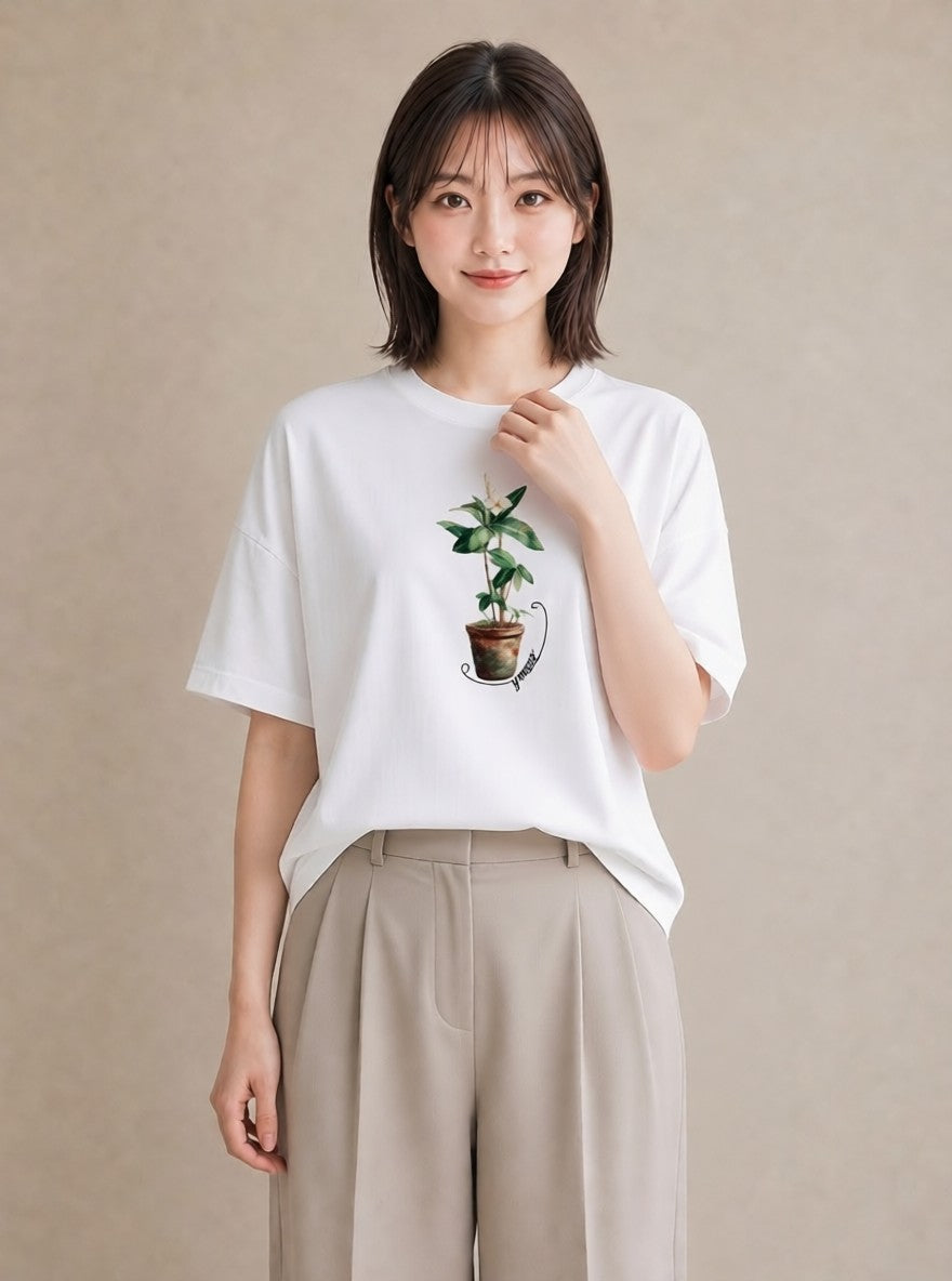 Tシャツ レディース 観葉植物 植物 ボタニカル イラスト 水彩風 ラフ レイヤード 白T YMAZO
