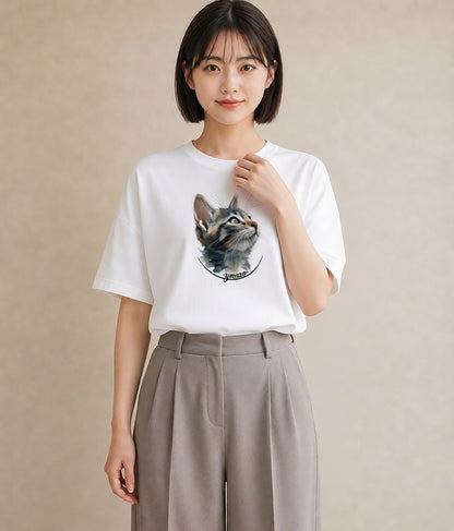 デザインTシャツ レディース サビ猫 猫 ねこ イラスト ゆるコーデ 誕生日プレゼント 綿100 白T YMAZO