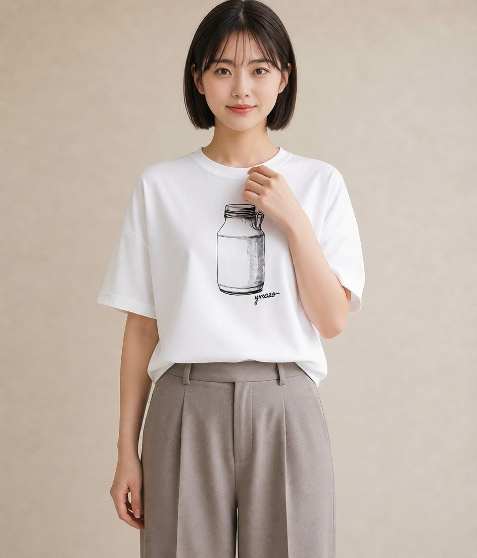 プリントTシャツ レディース ミルク 食べ物 フード イラスト ゆるかわ 女性 旅行用 白T YMAZO