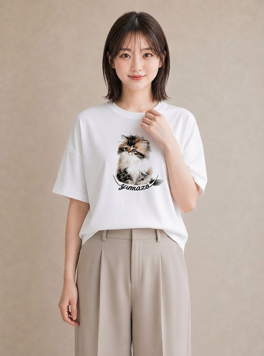 デザインTシャツ レディース ねこ 猫 ネコ イラスト 線画 夏コーデ 通学 白T YMAZO