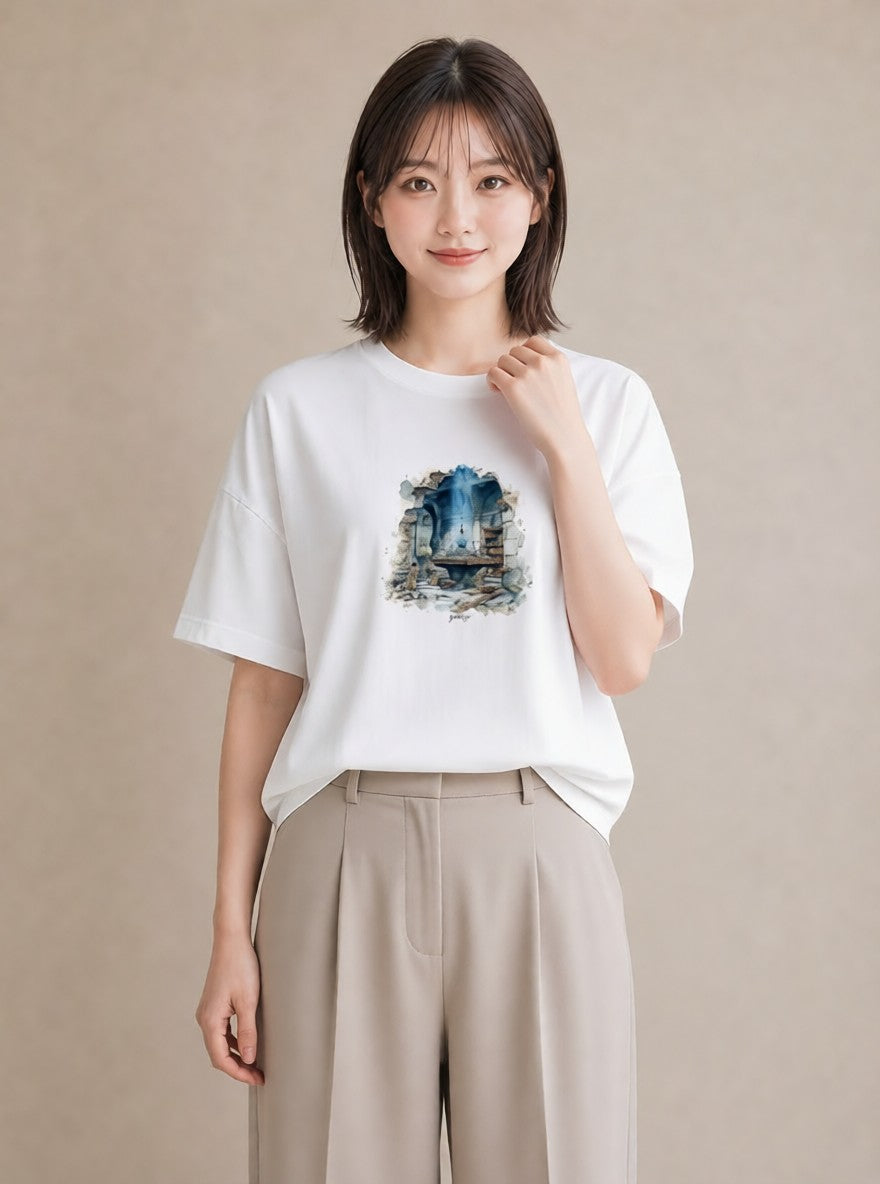 プリントTシャツ レディース 駅のホーム ローカル線 駅 ナチュラル アンティーク イラスト 韓国風 海 カフェ巡り 白T YMAZO