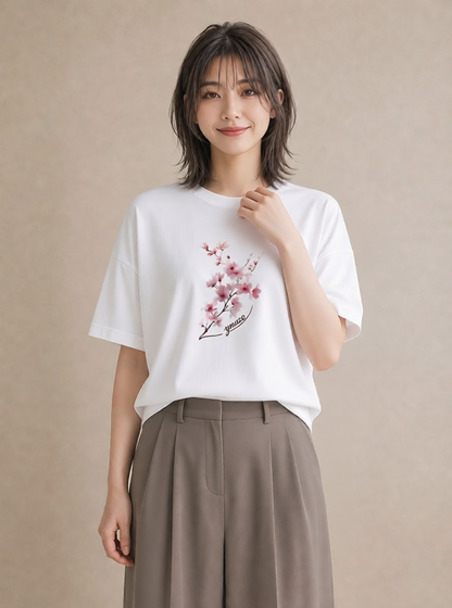 半袖Tシャツ レディース 梅 花 花柄 イラスト クリスマス 旅行 白T YMAZO