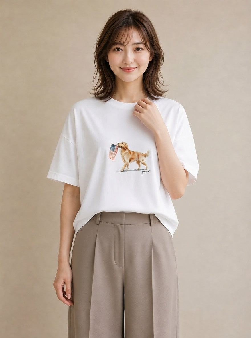 デザインTシャツ レディース ゴールデンレトリバー ゴールデン 犬 いぬ イラスト ガーリー カフェ服 クリスマス 白T YMAZO