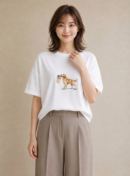 デザインTシャツ レディース ゴールデンレトリバー ゴールデン 犬 いぬ イラスト ガーリー カフェ服 クリスマス 白T YMAZO