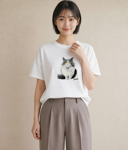 半袖Tシャツ レディース サバトラ 猫 ねこ イラスト ニュアンス 在宅 公園 白T YMAZO