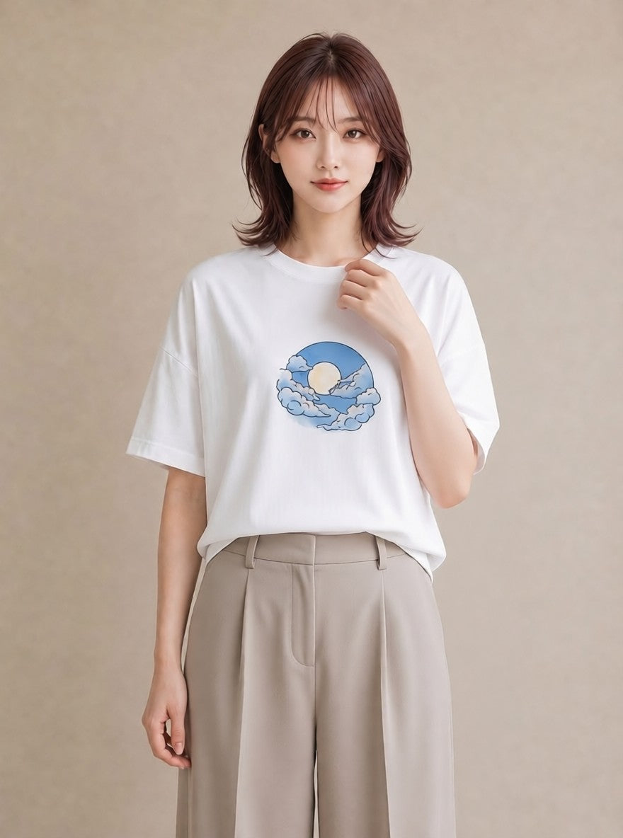プリントTシャツ レディース 雲 星空 宇宙 イラスト 普段着 週末コーデ 白T YMAZO