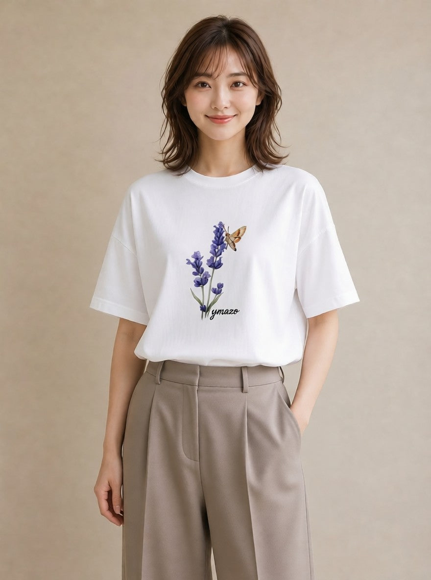 デザインTシャツ レディース ラベンダー 花 花柄 イラスト 線画 自分用 ルームウェア 白T