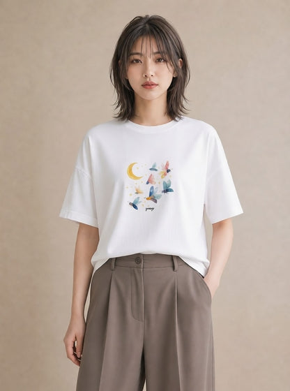 半袖Tシャツ レディース 満月 星空 宇宙 イラスト 上品 散歩 お出かけ 白T YMAZO
