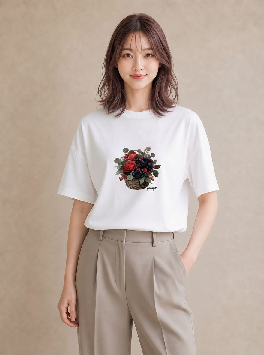 Tシャツ レディース 木の実 植物 ボタニカル イラスト ゆるかわ 誕生日プレゼント 綿100 白T YMAZO