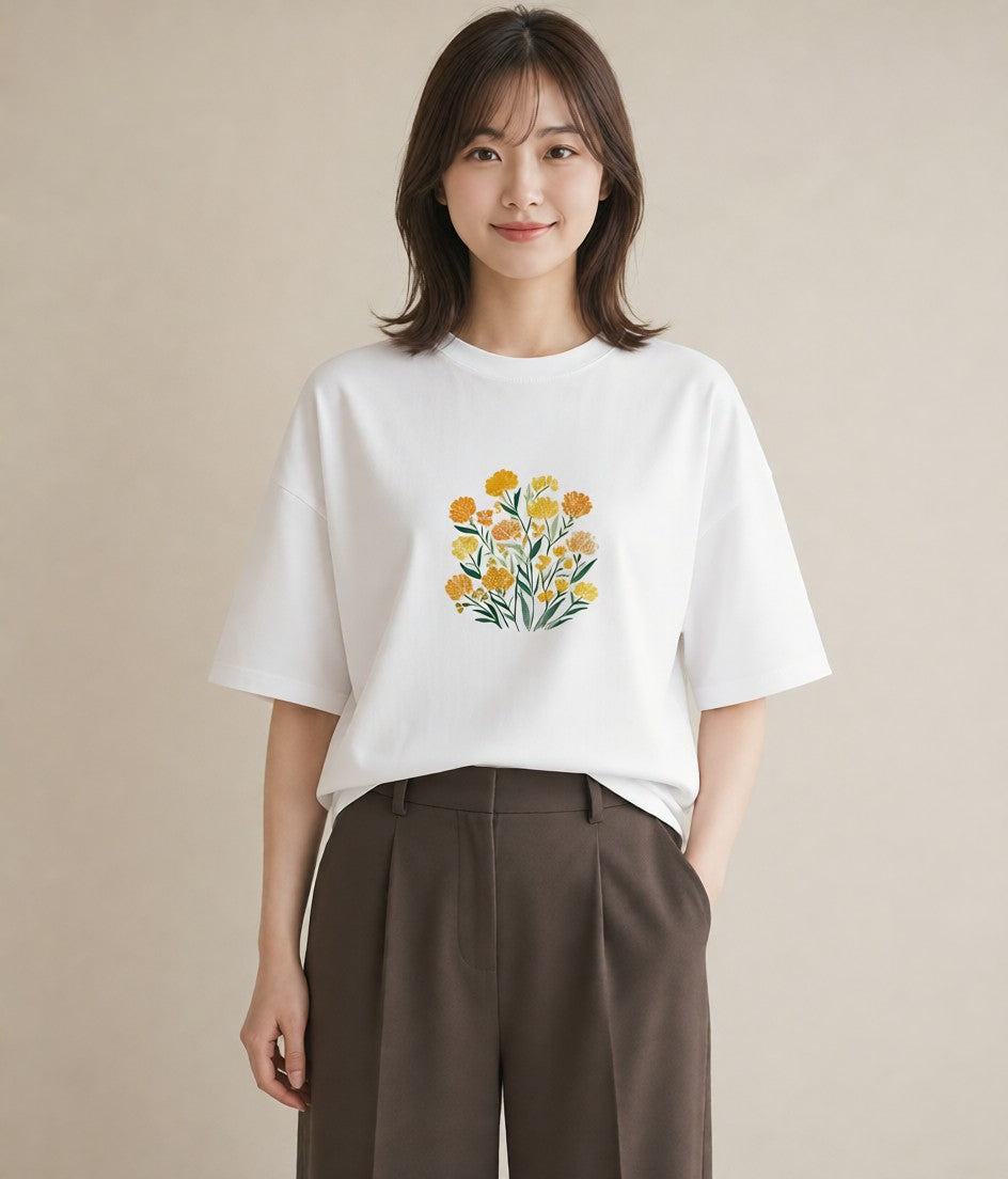 半袖Tシャツ レディース ミモザ 花 花柄 イラスト 休日コーデ 姉妹 送別ギフト 白T YMAZO