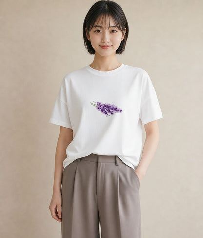 半袖Tシャツ レディース ラベンダー 花 花柄 イラスト カフェコーデ 誕生日プレゼント 綿100 白T YMAZO