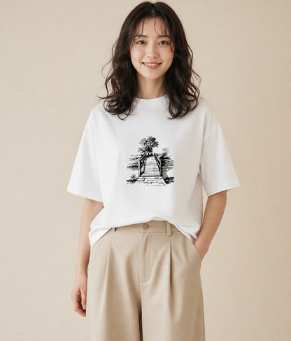 グラフィックTシャツ レディース 小川 橋 せせらぎ ナチュラル アンティーク イラスト ミニマル 誕生日プレゼント 綿100 白T YMAZO