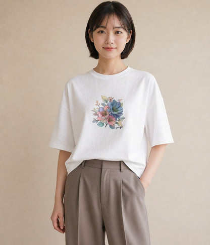 デザインTシャツ レディース あさがお 朝顔 花 花柄 イラスト シック 姉妹 送別ギフト 白T YMAZO