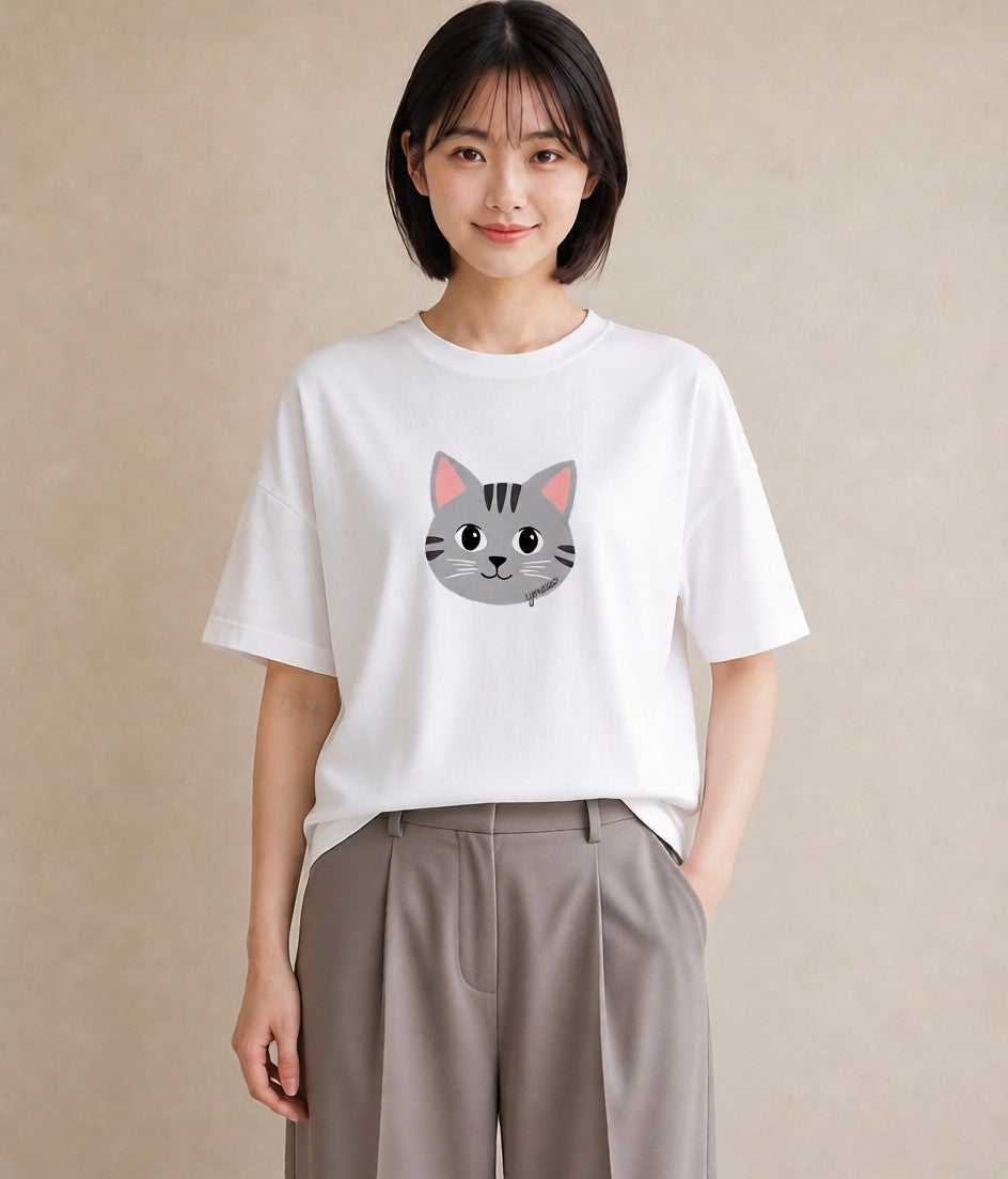 プリントTシャツ レディース サバトラ 猫 ねこ イラスト 普段使い 母娘コーデ 自分用 白T YMAZO