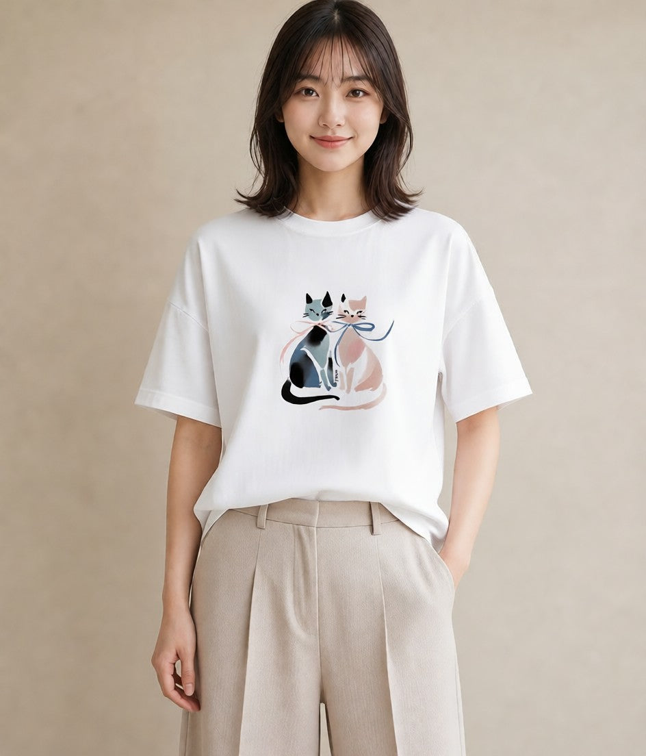 デザインTシャツ レディース ハチワレ 白黒猫 猫 ねこ イラスト 在宅 公園 白T YMAZO